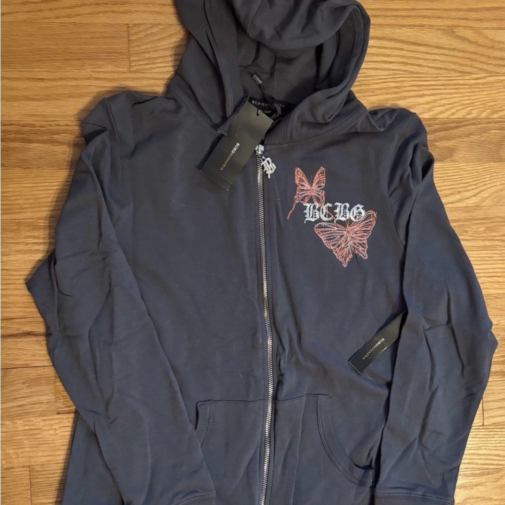 BCBG Charcoal Hoodie with Pink Butterfly Design - XL